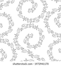 Seamless pattern of decorative swirls from outlines sea creatures 
