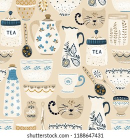 Seamless pattern of decorative tableware items. Vintage ceramic kitchen utensils or crockery - cups, dishes, bowls, pitchers. Vector illustration in flat rustic style.