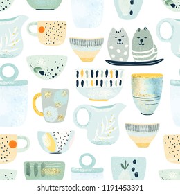 Seamless pattern of decorative tableware items. Ceramic kitchen utensils or crockery - cups, dishes, bowls, pitchers. Vector illustration in flat modern style on white background.