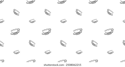 Seamless pattern with decorative tea cup on a saucer plate hand drawn doodle outline vector