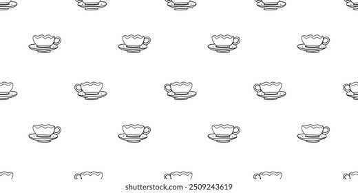 Seamless pattern with decorative tea cup on a saucer plate hand drawn doodle outline vector