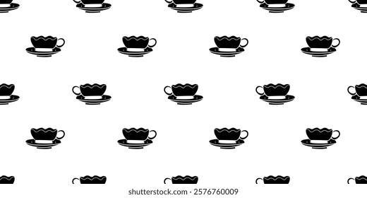 Seamless pattern with decorative tea cup on a saucer plate silhouette vector