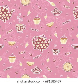 Seamless pattern with decorative teapots, cups and different additives for tea.Vector illustration. 
