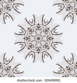 Seamless pattern, decorative tiles, brown sketch of round heraldic ornaments on ivory grey background