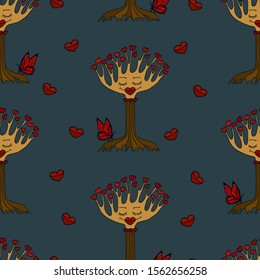 Seamless pattern of decorative tree of love with hearts. eps10 vector illustration. hand drawing