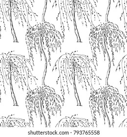 Seamless pattern with decorative trees. Black and white endless texture