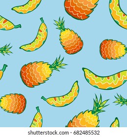 Seamless pattern with decorative tropical fruits. Ornate pineapple and banana for repeatable food background. Vector illustration.
