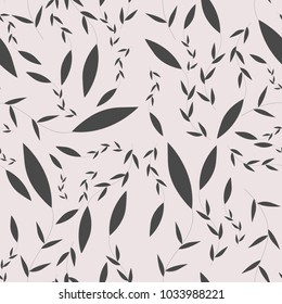 Seamless pattern of decorative twigs with leaves on light background. Vector illustration.