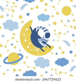 Seamless pattern decorative vector sleeping raccoon lying, stars, clouds isolated on white background, wild mammal, cartoon illustration cute animal for design good night children card, poster for kid