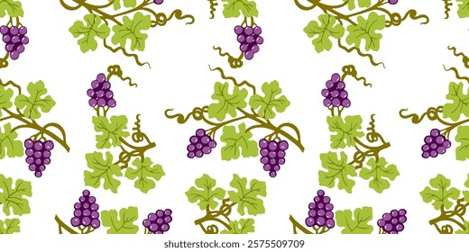 Seamless pattern of decorative vine branches with ripe grape berries, leaves, tendrils, vector background, paper, wallpaper, fabric