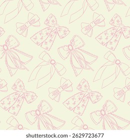 Seamless pattern with decorative vintage bows in pastel pink on light background. Elegant fashion and romantic gift concept in delicate hand drawn style