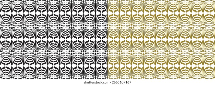 Seamless pattern of decorative vintage design elements, silhouettes, symmetrical, vector black and white, golden background, wallpaper, paper, textile, fabric