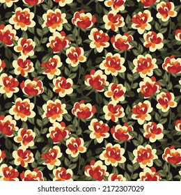 Seamless pattern with decorative vintage roses. Feminine floral print, old-fashioned botanical background with small flowers, leaves in a liberty arrangement. Vector illustration.