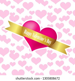 Seamless pattern with decorative voluminous hearts and gold ribbon. Valentine's day. Vector illustration. Can be used for wallpaper, textile, invitation card, web page background.