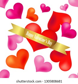 Seamless pattern with decorative voluminous hearts and gold ribbon. Valentine's day. Vector illustration. Can be used for wallpaper, textile, invitation card, web page background.
