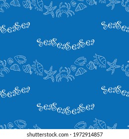 Seamless pattern of decorative wavy lines from outlines sea creatures and letterings