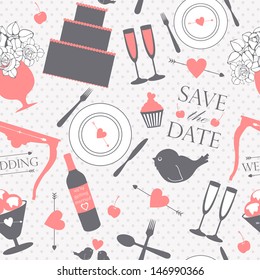 Seamless pattern with decorative wedding and dinner elements. Vector background.