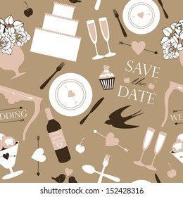 Seamless pattern with decorative wedding and dinner elements. Vector background.