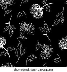 Seamless pattern of decorative wild flowers and leaves white and black. Vector illustration on black background.