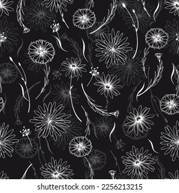 Nahtloses Muster mit dekorativen Wildblumen und Kräutern. Handgezeichnete Vektorgrafik auf schwarzem Hintergrund.