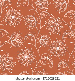 Seamless pattern. Decorative wildflowers. Floral white contour pattern on a light brown background. Vector illustration