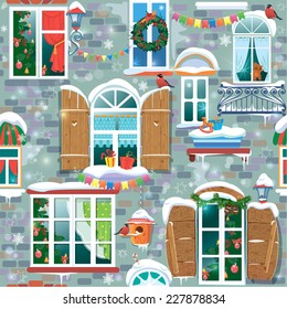 Seamless pattern with decorative Windows in winter time. Christmas and New Year holidays City endless background. 