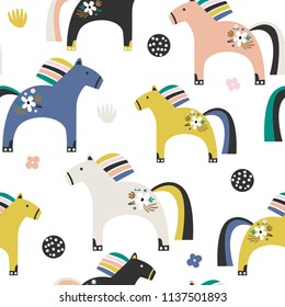 Seamless pattern with decorative wooden toy horse. Creative scandinavian style childish texture. Great for fabric, textile Vector Illustration