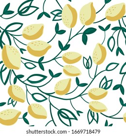Seamless pattern with decorative yellow lemons and leaves. Great for fabrics, tablecloths, wrapping papers, wallpapers, covers.  Vector hand drawn illustration on white background.

