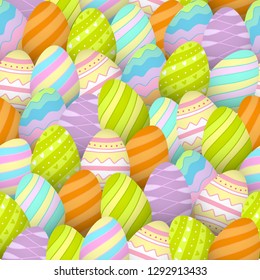 Seamless pattern with decored eggs. Bright colorful background. Easter holiday background for print, brochure, creative poster, textile, paper for scrapbooking, gift wrap, wallpapers. Vector.