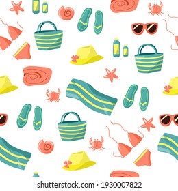 Seamless Pattern Dedicated To Beach Holidays. Elements On A White Background