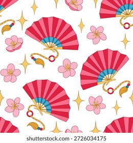 Um padrão perfeito dedicado ao Ano Novo Chinês. Impressão vetorial com um ventilador vermelho e flores.