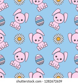 Seamless pattern dedicated to Easter with the image of rabbits, painted eggs and chamomiles. Colorful illustration. EPS 10