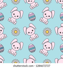 Seamless pattern dedicated to Easter with the image of rabbits, painted eggs and chamomiles. Colorful illustration. EPS 10
