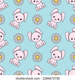 Seamless pattern dedicated to Easter with the image of rabbits and chamomiles. Colorful illustration. EPS 10