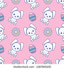 Seamless pattern dedicated to Easter with the image of rabbits, painted eggs and chamomiles. Colorful illustration. EPS 10