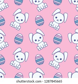 Seamless pattern dedicated to Easter with the image of rabbits and painted eggs. Colorful illustration. EPS 10