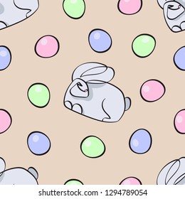 Seamless pattern dedicated to Easter with the image of rabbits and painted eggs. Colorful illustration. EPS 10