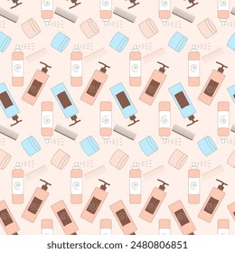 Seamless pattern dedicated to hair care, featuring a harmonious arrangement of hair products, tools. Holistic approach to hair beauty and health. Vector outline illustration.