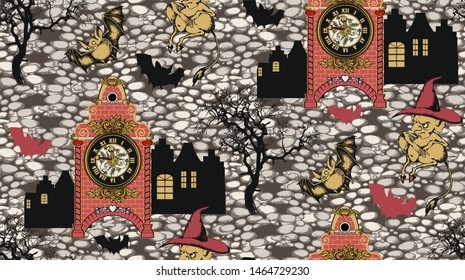 Seamless pattern dedicated to Halloween. All sorts of Mystical characters. Engraving style