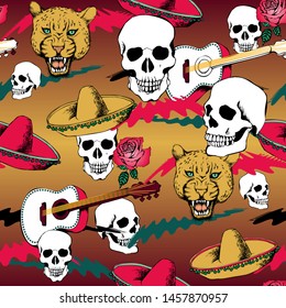 Seamless pattern dedicated to the Mexican Day of the Dead. Suitable for fabric, wrapping paper and the like