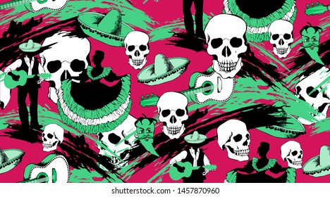 Seamless pattern dedicated to the Mexican Day of the Dead. Suitable for fabric, wrapping paper and the like
