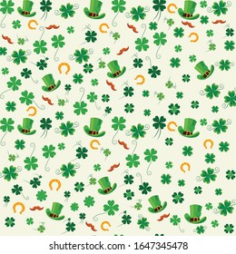 Seamless pattern dedicated to St. Patrick's Day, consisting of holiday elements: hats, mustaches, clover leaves