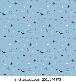 padrão contínuo com estrelas azuis profundas, vermelhas e brancas de tamanho diferente no fundo azul claro