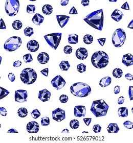 Seamless Pattern With Deep Blue Scattered Precious Gem Sapphire From Different Cuts On White Background. Vector Illustration