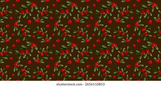 Seamless pattern with deep red berries and rich green leaves on a dark brown background. This warm festive design is perfect for holiday seasons natural themes and cozy textile prints.