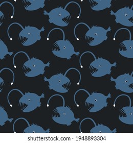 Seamless Pattern With Deep Sea Angler Fish. Vector Illustration.