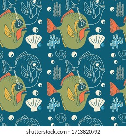 Patrón transparente de peces de aguas profundas sobre fondo de color. Impresiones para textiles con los habitantes del mar. Impresión para tela. Ilustración del fondo de pantalla para los niños.