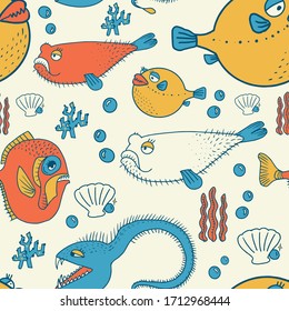 Seamless pattern deep sea fishes on light color background. Prints for textiles with the inhabitants of the sea. Printing for fabric. An illustration on the wallpaper for children.