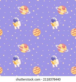 Seamless pattern of deep space with planets and stars, astronaut and asteroids in a flat style. Vector illustration