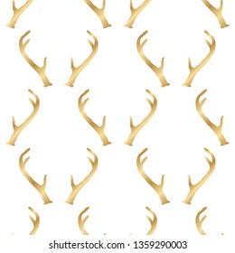 Seamless pattern with deer antlers. Vector hipster trendy background. Nature wildlife animal backdrop in golden over white.